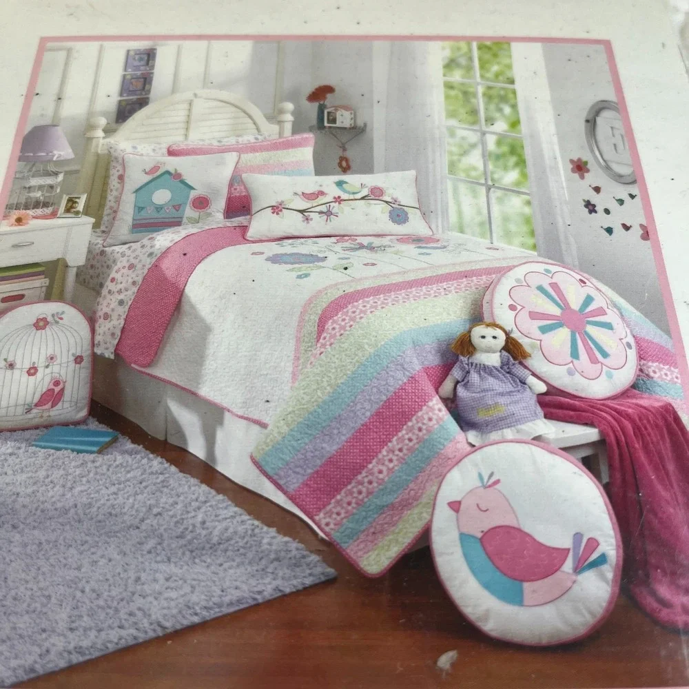 Maggie Miller Children's Twin Quilt 68x86 Pink Bird Floral Stripe Kids Bedding